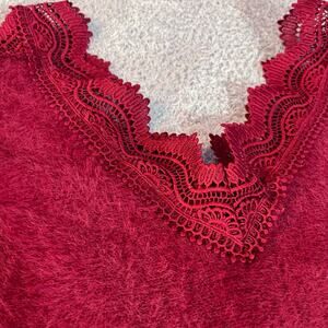 Sweet lovely by Jen sweater cranberry w/ lace collar/sleeves nylon acrylic blend